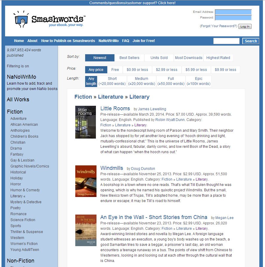 Part of the literary fiction listings page at Smashwords.