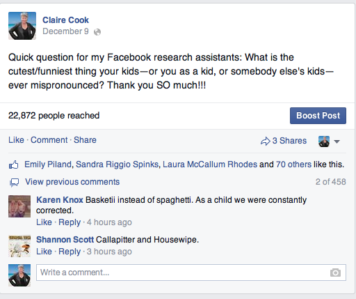 Claire Cook Facebook engagement