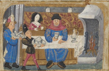 A scene from an illuminated manuscript of a man sitting down to feast.