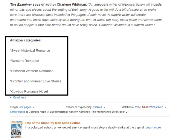A screenshot showing a list of Amazon categories in a book description