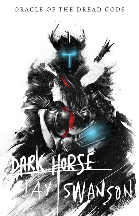 The cover art for the book Dark Horse, featuring a knight with glowing eyes protecting a woman with dark hair.
