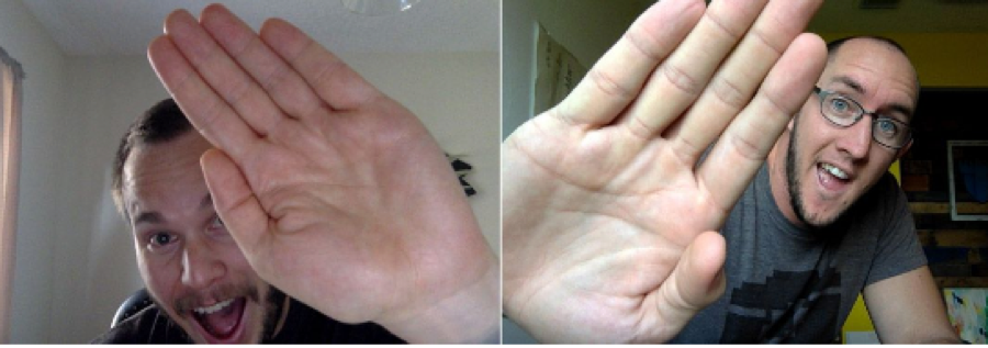 Two pictures, each of a man holding up his hand for a high five.