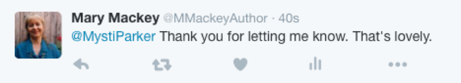 Twitter response from Mary Mackey to Mysti Parker