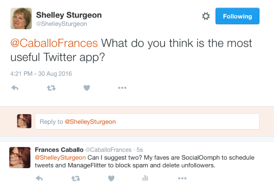 A tweet from Frances Caballo answering a question from a follower