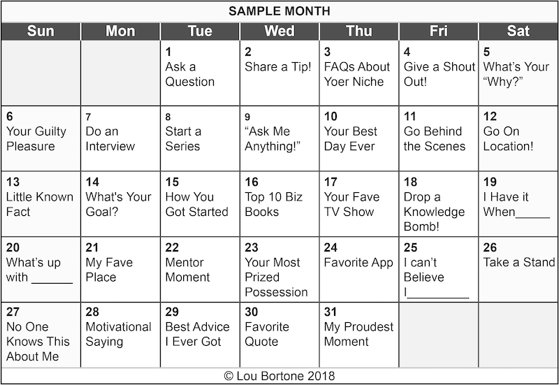 Image: sample calendar of livestreaming ideas