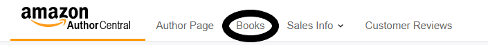 Image: Amazon Author Central home page navigation menu row, with 'Books' tab circled for emphasis