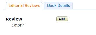 Image: Amazon Author Central Editorial Reviews section, showing that no reviews have yet been added, and a button labeled 'Add'home page navigation menu row, with 'Books' tab circled
