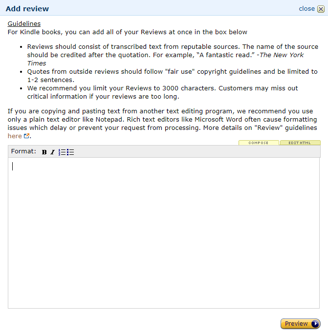 Image: Amazon Author Central 'Add review' dialog box and button labeled 'Preview'