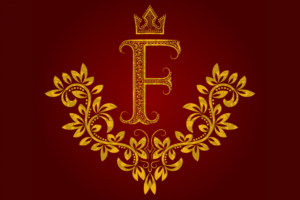 Image: Regal illustration of the letter F, rendered in gold on a red background