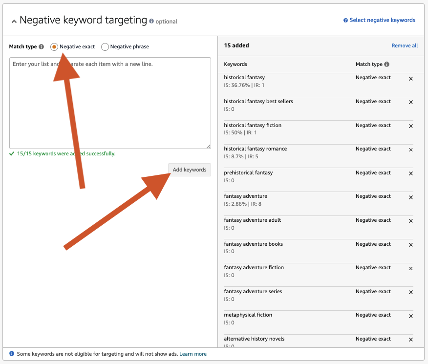 Image: Under the optional Negative Keyword Targeting heading, an arrow points to the Match Type; Negative Exact is selected. Another arrow points to the Add Keywords button.