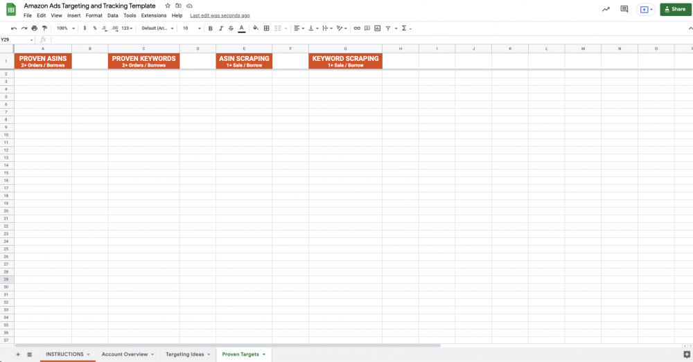 Image: Proven Targets tab of a spreadsheet. Columns are labeled Proven ASINs, Proven Keywords, ASIN Scraping, and Keyword Scraping.