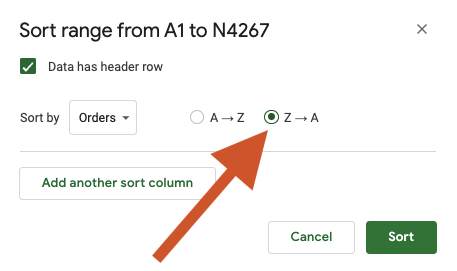 Image: Screenshot of the Google Sheets' Advanced Range Sorting Options dialog. Under the Sort By heading, an arrow points to the option labeled Z to A.