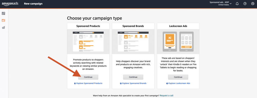 Image: screenshot of Amazon Ads Campaigns dashboard, with arrow pointing to a button labeled Continue.