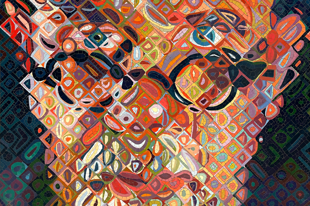 Image: Self-portrait (2017) by Chuck Close, in which the artist's face is rendered in colorful, richly-patterned mosaic tile which makes the portrait's subject difficult to discern unless viewed from a distance.