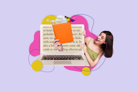 Image: brightly-colored graphic illustrating the concept that text on a laptop computer can morph, like a butterfly, into a physical book.