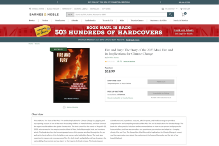 Screenshot of Fire and Fury, an AI-generated book about the Maui fires by Dr Miles Stones, for sale on Barnes & Noble's website.