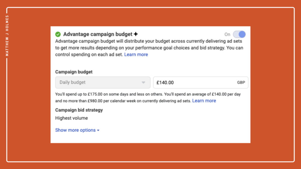 Screenshot of the Advantage campaign budget window. Text reads: "Advantage campaign budget will distribute your budget across currently delivering ad sets to get more results depending on your performance goal choices <a href=