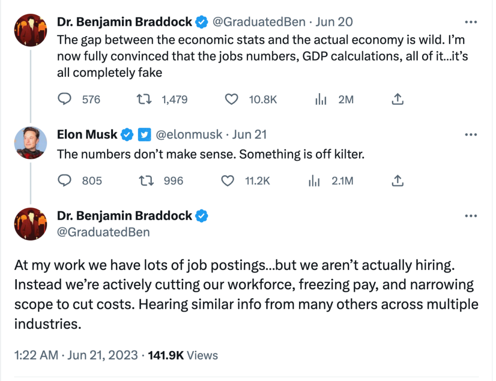 Screenshot of a Twitter exchange. On June 20, 2023, Dr. Benjamin Braddock (@GraduatedBen) tweeted “The gap between the economic stats <a href=