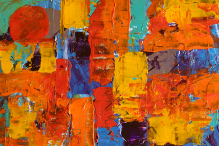 Image: an abstract painting filled with large brushstrokes of red, orange, yellow, teal, blue, and purple.