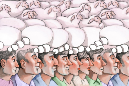 Image: an illustration of a row of people whose faces are seen from the side. From their heads emanate a series of white cartoon-style thought bubbles, which morph into a flock of sheep.