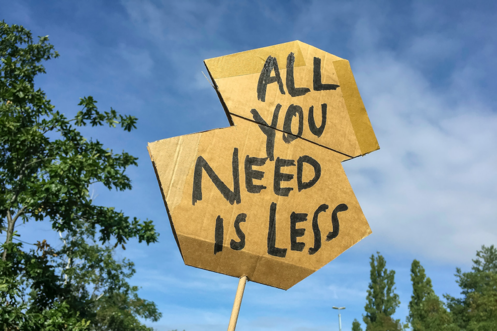 Image: A roughly-fashioned cardboard sign on which is written in black magic-marker "All you need is less".