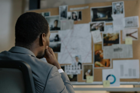 Image: in an office, a detective sits staring at a bulletin board on which are arranged the salient photos, maps, and facts of a crime, trying to piece together the solution.