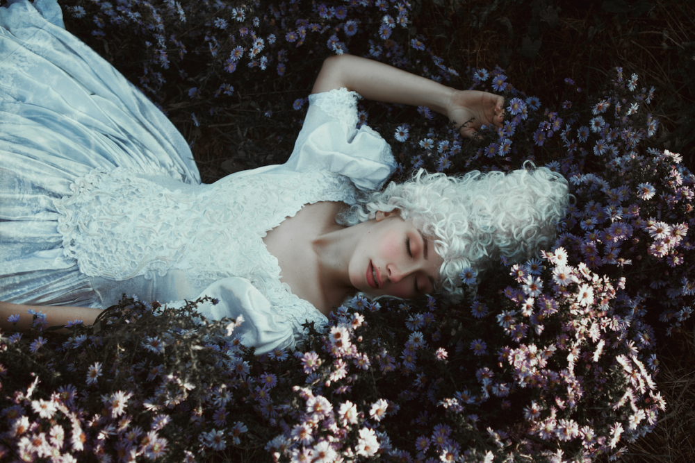 Image: a woman looking like a fairy-tale princess, wearing an ornately-decorated white satin dress and with a copious head of curly white hair, reclines on a patch of flowers in a field.