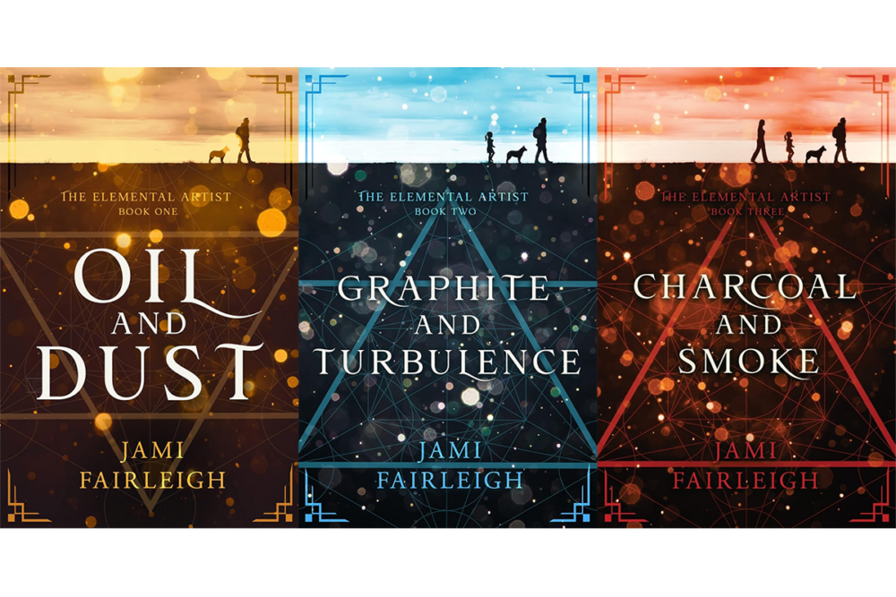 Covers of Jami Fairleigh's The Elemental Artist series, in a row. On the left, Book One: Oil and Dust; in the center, Book Two: Graphite and Turbulence; on the right, Book Three: Charcoal and Smoke.