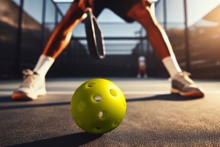 Image: close-up view of a yellow pickleball on a court, with a man holding a racket standing behind, poised to play.