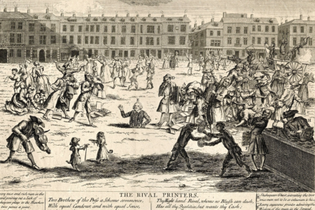 Image: antique etching titled The Rival Printers which illustrates printers tussling in the street while trying to sell their competing versions of Shakespeare's plays.