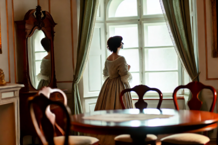 AI-generated image with a historic and romantic aesthetic of a woman standing on the other side of a round dining table, looking out of a window.
