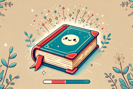Image: an AI-generated, emoji-style illustration of a thick hardcover book with a happy face on its cover, surrounded by cartoon stars and shoots of growing plants.