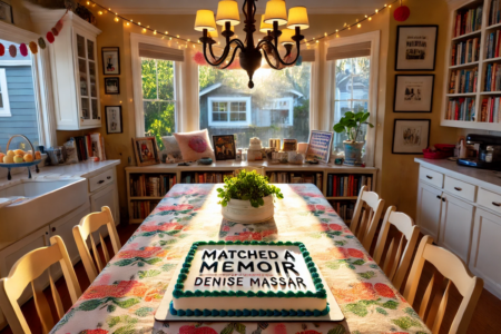 Image: AI-generated illustration of a cozy sunlit home which is decorated for a party. On the dining room table is a sheet cake decorated with Denise Massar's name and the title of her book Matched: A Memoir.