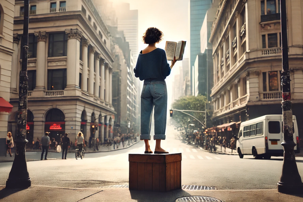 Illustration: at the intersection of two roads in a city's historic downtown, a woman stands on a small wooden box reading aloud from the open book in her hand.