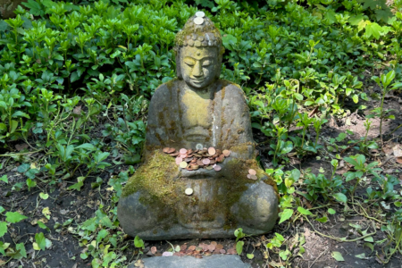 Image: a Buddha statue in a Japanese garden. In front of him, atop his head, and in his hands are large piles of coins left by visitors.