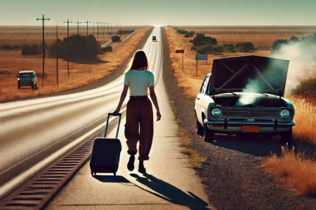 Image: a woman walks with her suitcase down an empty highway, away from her broken-down car.