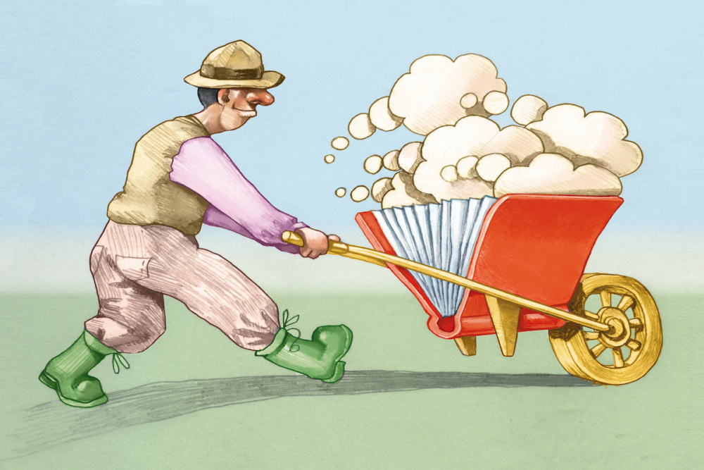 Illustration of a man pushing a wheelbarrow in the form of a book which is stacked full of thought balloons.