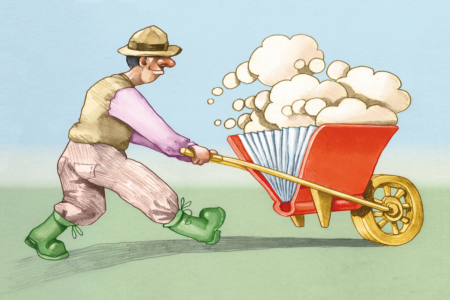 Illustration of a man pushing a wheelbarrow in the form of a book which is stacked full of thought balloons.