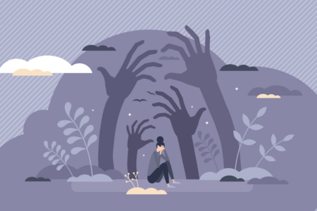 Image: illustration of a woman sitting on the ground, with her hands covering her face. The landscape around her is filled with shadowy plants and tall, tree-like arms and hands, towering menacingly.