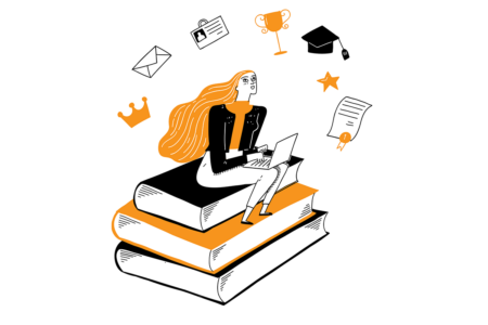Image: an illustration of a young woman sitting atop a stack of giant books, typing at a laptop computer, while around her head float an array of icons that represent her dreams and aspirations of academic success, winnings prizes, and professional credentials.