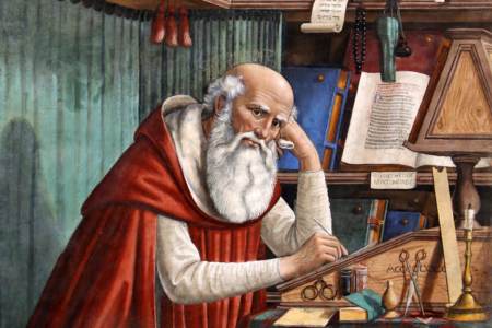 Image: Saint Jerome in His Study by Domenico Ghirlandaio (1480). A bearded man writes at a desk, his head propped on one hand, facing the viewer.