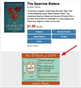 An example of a BookBub programmatic ad. Beneath a listing for Ellen Herrick's novel The Sparrow Sisters is an ad for Cynthia D'Aprix Sweeney's novel The Nest.