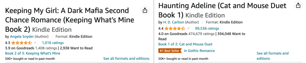 Side by side screenshots of product detail pages for two Kindle editions on Amazon. For the book Keeping My Girl: A Dark Mafia Second Chance Romance by Angela Snyder, additional data shown is that the book has 1,016 ratings with an average of 4.3 stars; 1,408 ratings on Goodreads with an average of 3.9, and appears on 2,938 Want to Read lists; it is Book 2 of 3 in the Keeping What's Mine series; and that more than 500 people have bought the book in the past month. For the book Haunting Adeline by H. D. Carlton, additional data shown is that the book has 99,538 ratings with an average of 4.4 stars; 474,679 ratings on Goodreads with an average of 4.0, and appears on 394,048 Want to Read lists; it is Book 1 of 2 in the Cat and Mouse Duet series; and that more than 50,000 people have bought the book in the past month.