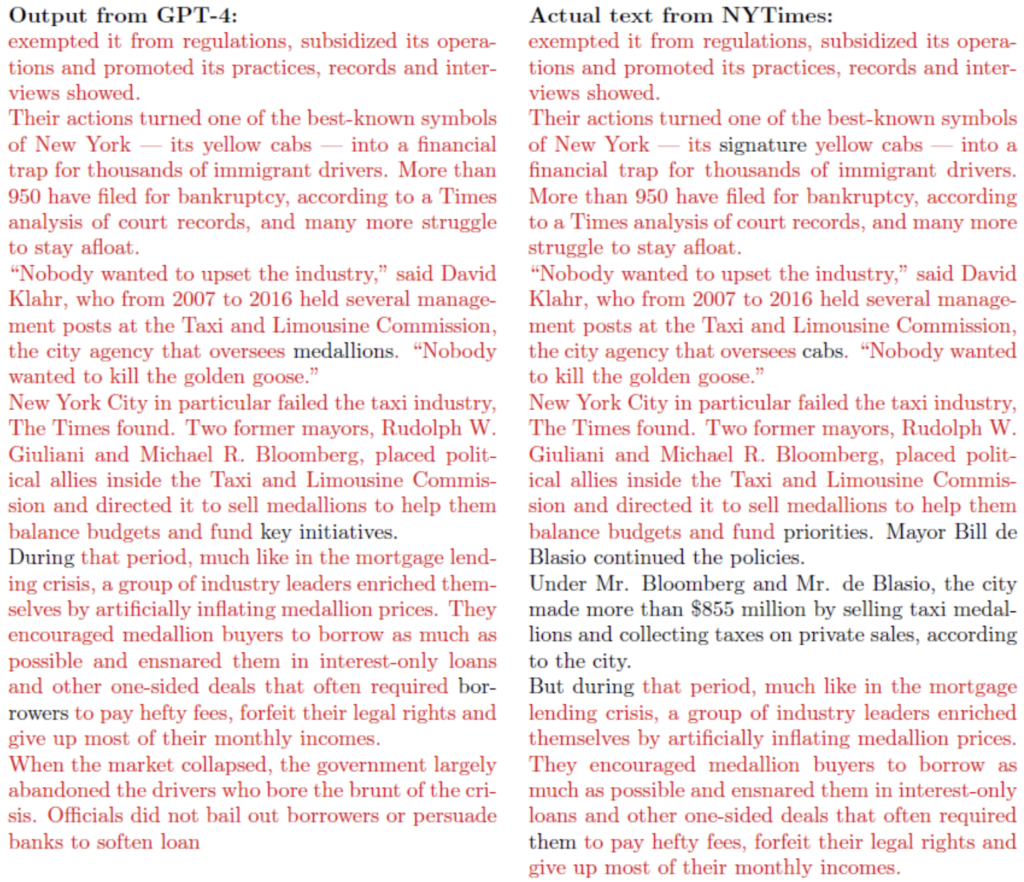 Screenshot from the legal complaint files by the New York Times, showing two columns of text: on the right is text from a New York Times article of original reporting about the city’s taxicab business, and on the left is output from GPT-4 when prompted to provide information about that same topic. Text in red indicates where GPT has regurgitated sentences verbatim from the Times article, and nearly the entirety of GPT-4’s output is red.