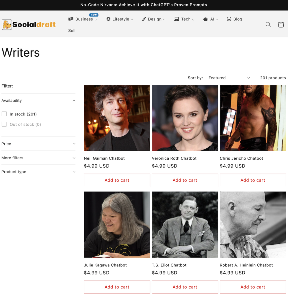 A screenshot of Socialdraft’s writer chatbot offerings. Featured products include Neil Gaiman, Veronica Roth, Chris Jericho, Julie Kagawa, T.S. Eliot, and Robert A. Heinlein, all priced at US$4.99.