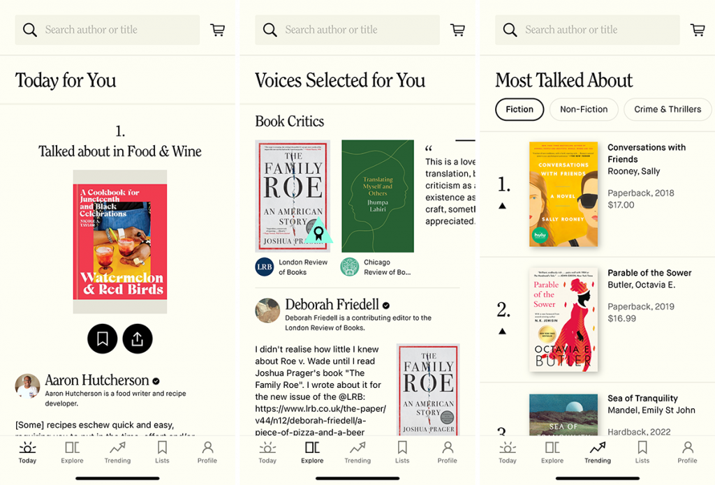 Screenshots of three tabs in the Tertulia mobile app: Today (also labeled Today for You), Explore (also labeled Voices Selected for You), and Trending (also labeled Most Talked About).