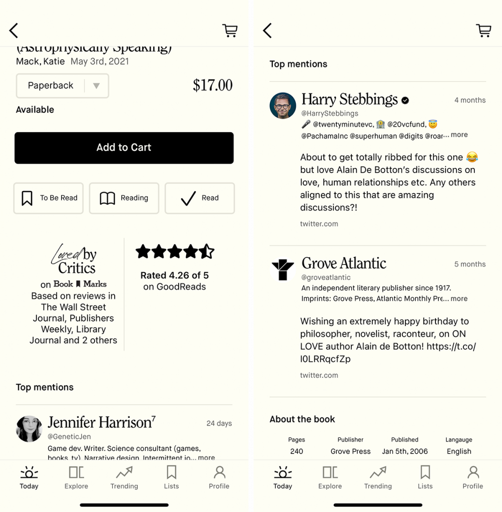 Screenshots of the Tertulia mobile app. Scrolling down a book’s information page displays “top mentions” of the book on social media. On the left: top mentions for The End of Everything by Katie Mack. On the right: top mentions for On Love by Alain de Botton.
