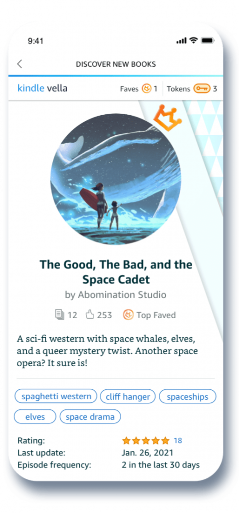 Screenshot of Kindle Vella product page for story called "The Good, the Bad and the Space Cadet," showing image, title, author, brief description, ratings, and tags.