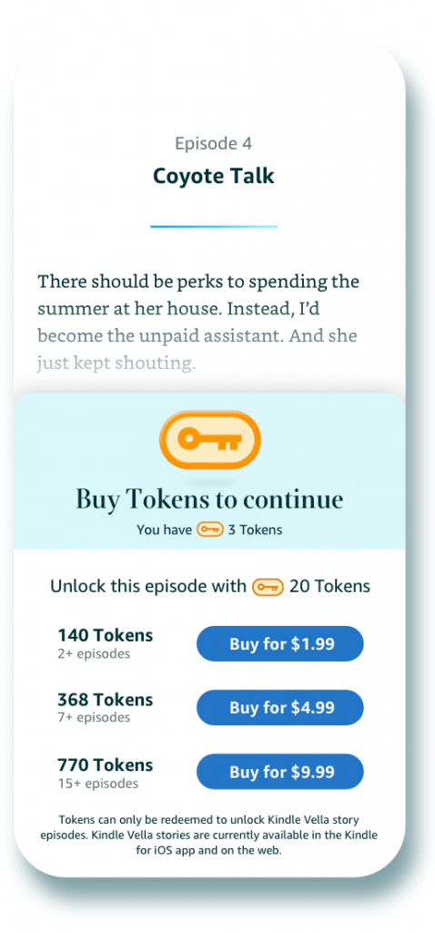 Screenshot of episode four in a Kindle Vella story, showing that tokens must be purchased (for $1.99, $4.99, or $9.99) in order to unlock further episodes.