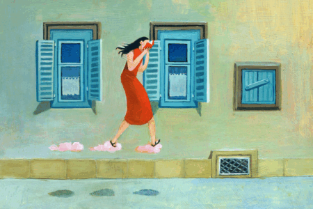 Image: an illustration of a woman walking through a city, with her face buried in a book. Immersed in her reading, she walks on a path of small clouds that hover a couple of feet above the ground.